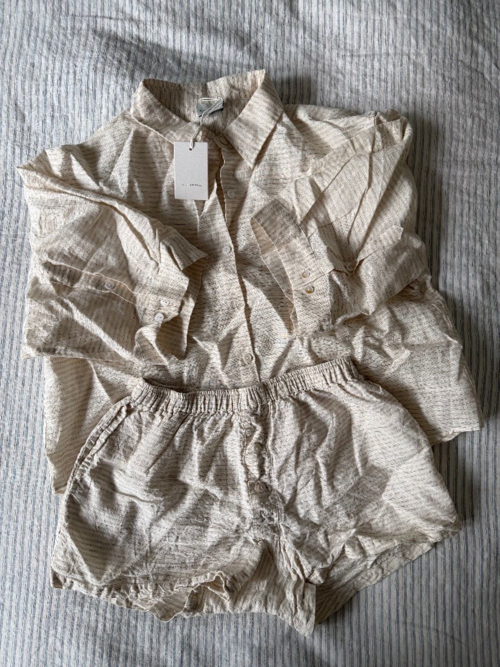 Women's Cream Striped Cotton Sleep Set - Lightweight Pajama Shirt & Shorts